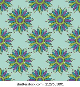 Colorful seamless beautiful motif pattern on mint green background for wallpaper, textile and wrapping. Classic mandala ethnic abstract flat vector repeat fabric.