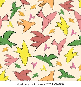 Colorful seamless bird patterns are used for print. Gift wrapping paper card