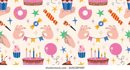 Padrão de aniversário colorido sem emenda com bolo, bolinhos, balões festivos, mãos, estrelas e elementos de celebração. Moderna ilustração vetorial no fundo claro, desenhado à mão, design plano