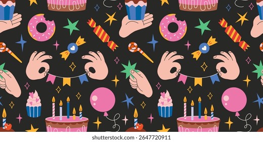 Padrão de aniversário colorido sem emenda com bolo, bolinhos, balões festivos, mãos, estrelas e elementos de celebração. Moderna ilustração vetorial sobre fundo preto, desenhado à mão, design plano