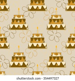 Colorful seamless birthday pattern with chocolate cake and flowers. Can be used for wrapping paper.