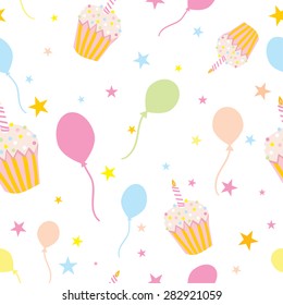 Colorful Seamless Birthday Vector Pattern with balloons, cupcakes and star confetti
