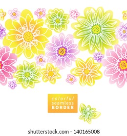 Colorful seamless border of fine summer flowers with butterfly. It can be used for decorating of invitations, cards, decoration for bags, textile.