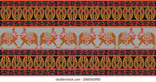 Colorful seamless border pattern with fantasy ornate camels and classic floral 
motifs on a grey, black background