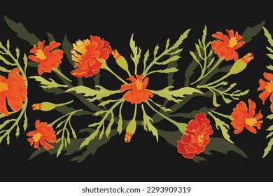 A colorful seamless border is placed horizontally on a dark background. The border is made from the Marigold parts. Floral borders for any design ideas.
