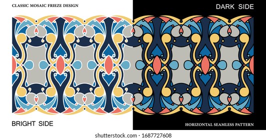 Colorful seamless border. Vector mosaic pattern. Ornament for ceramic tiles, fabrics print, or digital design.
