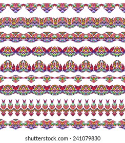 Colorful Seamless Borders lines set. Ethnic striped pattern background in bright colors. Vector illustration.