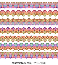Colorful Seamless Borders lines set. Ethnic striped pattern background in bright colors. Vector illustration.
