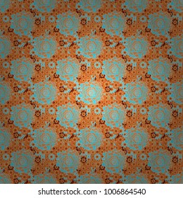 Colorful seamless botanic pattern, detailed flowers illustrations in orange, yellow and blue colors. Doodle style, spring floral background. Vector flower pattern.