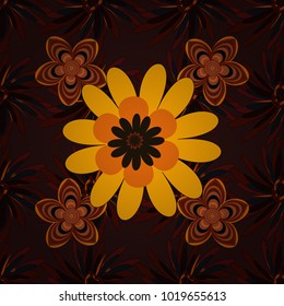 Colorful seamless botanic pattern, detailed flowers illustrations in brown, black and orange colors. Doodle style, spring floral background. Vector flower pattern.