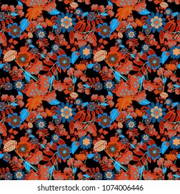 Colorful seamless botanic pattern, detailed flowers illustrations in orange, blue and red colors. Doodle style, spring floral background. Vector flower pattern.