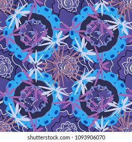 Colorful seamless botanic pattern, detailed flowers illustrations in gray, violet and blue colors. Doodle style, spring floral background. Vector flower pattern.