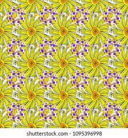 Colorful seamless botanic pattern, detailed flowers illustrations in white, yellow and orange colors. Doodle style, spring floral background. Vector flower pattern.
