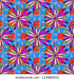 Colorful seamless botanic pattern, detailed flowers illustrations in pink, blue and green colors. Doodle style, spring floral background. Vector flower pattern.