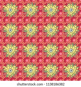 Colorful seamless botanic pattern, detailed flowers illustrations in pink, red and yellow colors. Doodle style, spring floral background. Vector flower pattern.
