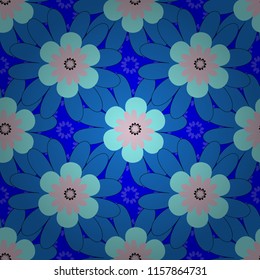 Colorful seamless botanic pattern, detailed flowers illustrations in blue colors. Doodle style, spring floral background. Vector flower pattern.