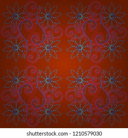 Colorful seamless botanic pattern, detailed flowers illustrations in pink, orange and blue colors. Doodle style, spring floral background. Vector flower pattern.