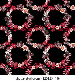 Colorful seamless botanic pattern, detailed flowers illustrations in gray, black and red colors. Vector flower pattern. Doodle style, spring floral background.