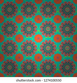 Colorful seamless botanic pattern, detailed flowers illustrations in blue, pink and orange colors. Doodle style, spring floral background. Vector flower pattern.