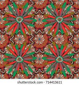 Colorful seamless botanic pattern, detailed flowers illustrations in red, neutral and green colors. Doodle style, spring floral background. Vector flower pattern.