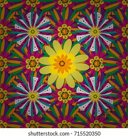 Colorful seamless botanic pattern, detailed flowers illustrations in black, yellow and magenta colors. Doodle style, spring floral background. Vector flower pattern.