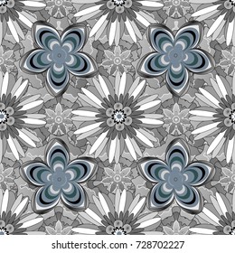Colorful seamless botanic pattern, detailed flowers illustrations in white, black and gray colors. Doodle style, spring floral background. Vector flower pattern.