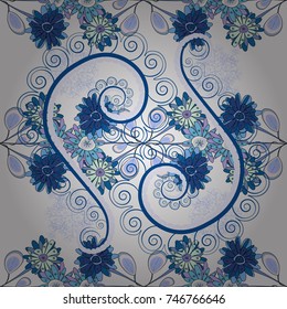 Colorful seamless botanic pattern, detailed flowers illustrations in gray, blue and green colors. Doodle style, spring floral background. Vector flower pattern.