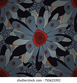 Colorful seamless botanic pattern, detailed flowers illustrations in blue, gray and black colors. Doodle style, spring floral background. Vector flower pattern.