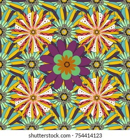 Colorful seamless botanic pattern, detailed flowers illustrations in purple, yellow and neutral colors. Doodle style, spring floral background. Vector flower pattern.