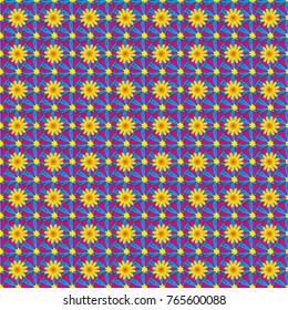 Colorful seamless botanic pattern, detailed flowers illustrations in yellow, blue and magenta colors. Doodle style, spring floral background. Vector flower pattern.