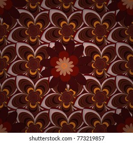 Colorful seamless botanic pattern, detailed flowers illustrations in red, gray and brown colors. Doodle style, spring floral background. Vector flower pattern.
