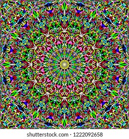 Colorful seamless botanical kaleidoscope mandala pattern wallpaper - ethnic abstract vector yoga background illustration