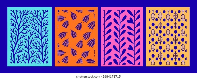 Colorful seamless botanical vector patterns with abstract leaves and branches. Pack of 4 Vector Clipart, Perfect for fabric, wallpaper, packaging, cards, stencils, cutouts and modern design projects.