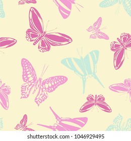 Colorful seamless butterfly engraving pattern isolated on contrast back layer. Wildlife butterfly etching theme vector. Insect silhouette clipart for textile.