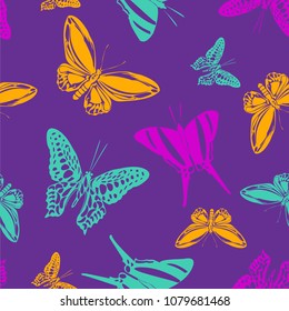 Colorful seamless butterfly engraving template isolated on contrast back layer. Nature butterfly etching theme vector. Insect silhouette artwork for ceramic tile.