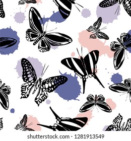 Colorful seamless butterfly kite template with blotter on white. Nature butterfly hover theme vector. Repeating insect soar artwork for cover.