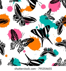 Colorful seamless butterfly kite texture with green, orange and pink blotter on white.  Spring butterfly hover theme vector. Repeating insect soar backdrop for advert.