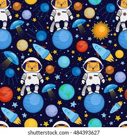 Colorful seamless cartoon space pattern with cat astronauts, rockets, planets, stars on starry night sky background, vector illustration. Cute and bright space travel seamless pattern