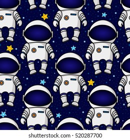 Colorful seamless cartoon space pattern with astronauts and stars on starry night sky background, vector illustration. Space travel seamless pattern with astronauts and stars