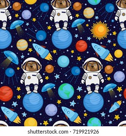 Colorful seamless cartoon space pattern with dog astronauts, rockets, planets, stars on starry night sky background, vector illustration. Cute space travel seamless pattern with dog astronaut