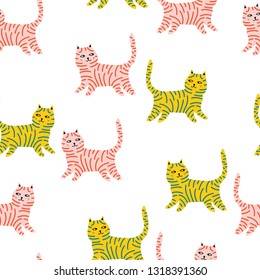 Colorful seamless cat pattern over white. Vector illustration
