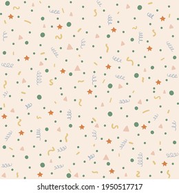 Colorful seamless celebration vector pattern.
Beige background and confetti.
Festive background, ideal for carnival, new year or birthdays. 
Children friendly. 