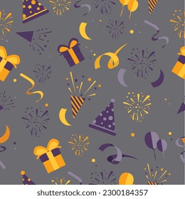 Colorful seamless celebration vector pattern. Beige background and confetti. Celebratory background. Holiday Wallpaper.