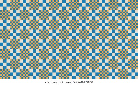 Farbiges, nahtlos kariertes geometrisches Muster in Blau, Orange und Weiß mit optischem Kunsteffekt