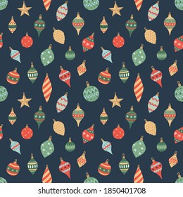 Colorful seamless Christmas and New Year pattern with Christmas tree toy decorations, bauble ball ornaments. Gift wrapping paper or textile print in trendy colors. Vector eps10