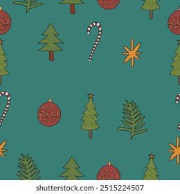 Colorful seamless Christmas pattern featuring hand-drawn Christmas trees, candy canes, ornaments, and stars on a teal background. For holiday themed designs, gift wrapping, and festive decorations. 