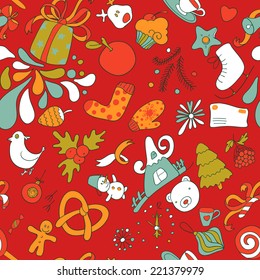 Colorful seamless christmas pattern. New year drawing background. Vector holidays illustration.