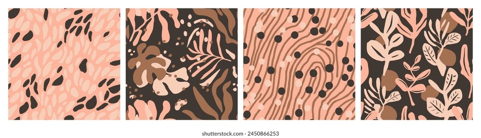 Colorful Seamless Classic Tropic Textile Set. Black Continuous Nature Blossom Scribble, Seamless Backdrop. Vivid Endless Color Palm Watercolor Vector. 