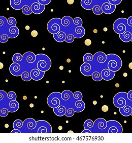 Colorful  seamless clouds pattern with golden texture. Vector illustration. Background, textile, texture
