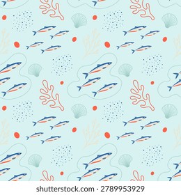 Colorful seamless coastal seafood pattern with sardine fish, seashells, coral forms, and seaweed details in a soft Mediterranean palette. Ideal for textiles, wrapping paper, wallpaper, seafood packaging, restaurant menus, and beach-themed decor.